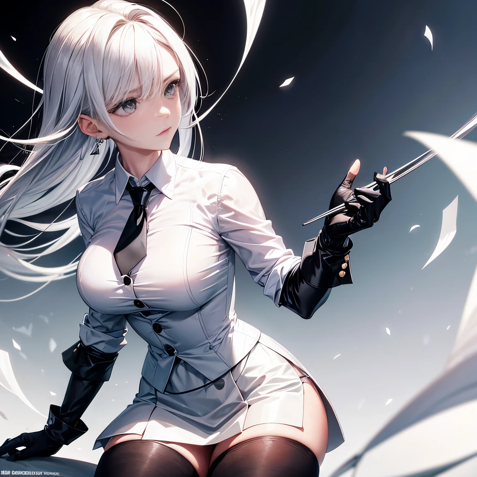 Kimi wore black gloves and a white shirt from where a tie hung—for the top. On her bottom, she wore a short black skirt with compact black tights under it. Her large chest threatened to tear the buttons