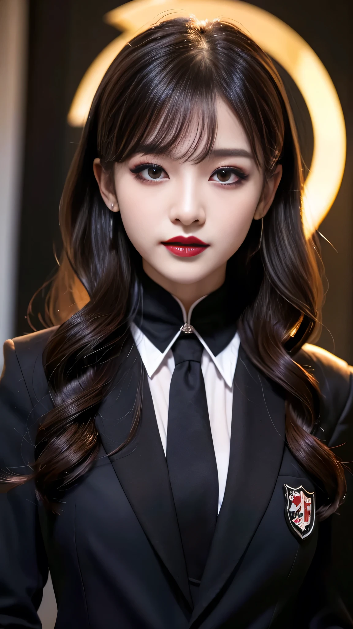 best quality、ultra-detailed、4k、Japanese、Seductive beauty、seductive adult woman、Pretty Woman、cool girl、Villainess、Brainwashed、brainwash、Fallen into evil、smirk、Evil look、Wicked Smile、evil、Brown hair、wavy hair、swept bangs、dark makeup、dark makeup、piercing eyes、hollow eyes,half-closed eyes、Hollow Eyes、purple Eyeshadow、black lipstick、black lipglos、student、uniform、Black blazer、White Shirt、Black Ribbon、flare skirt、night、inside school、Have lipstick、Emblem of Evil、Crest of Darkness、Swear allegiance、I have pledged my allegiance、Dye black、Blackening、Stained with evil、Dyed in darkness、Seduce