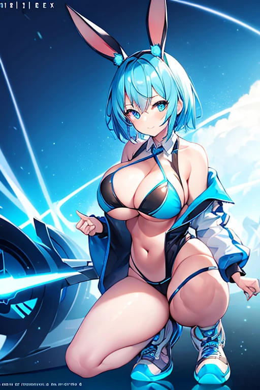 1girl, blue hair, breasts, huge breasts, bunny ears, rabbit ears, wide hips, blue eyes, short hair, very short hair, science-fiction, tech, futuristic, machinery, full body, neon trim, bikini, black bikini, light smile, shoes, sneakers, blue trim, pixie cut, glowing eyes