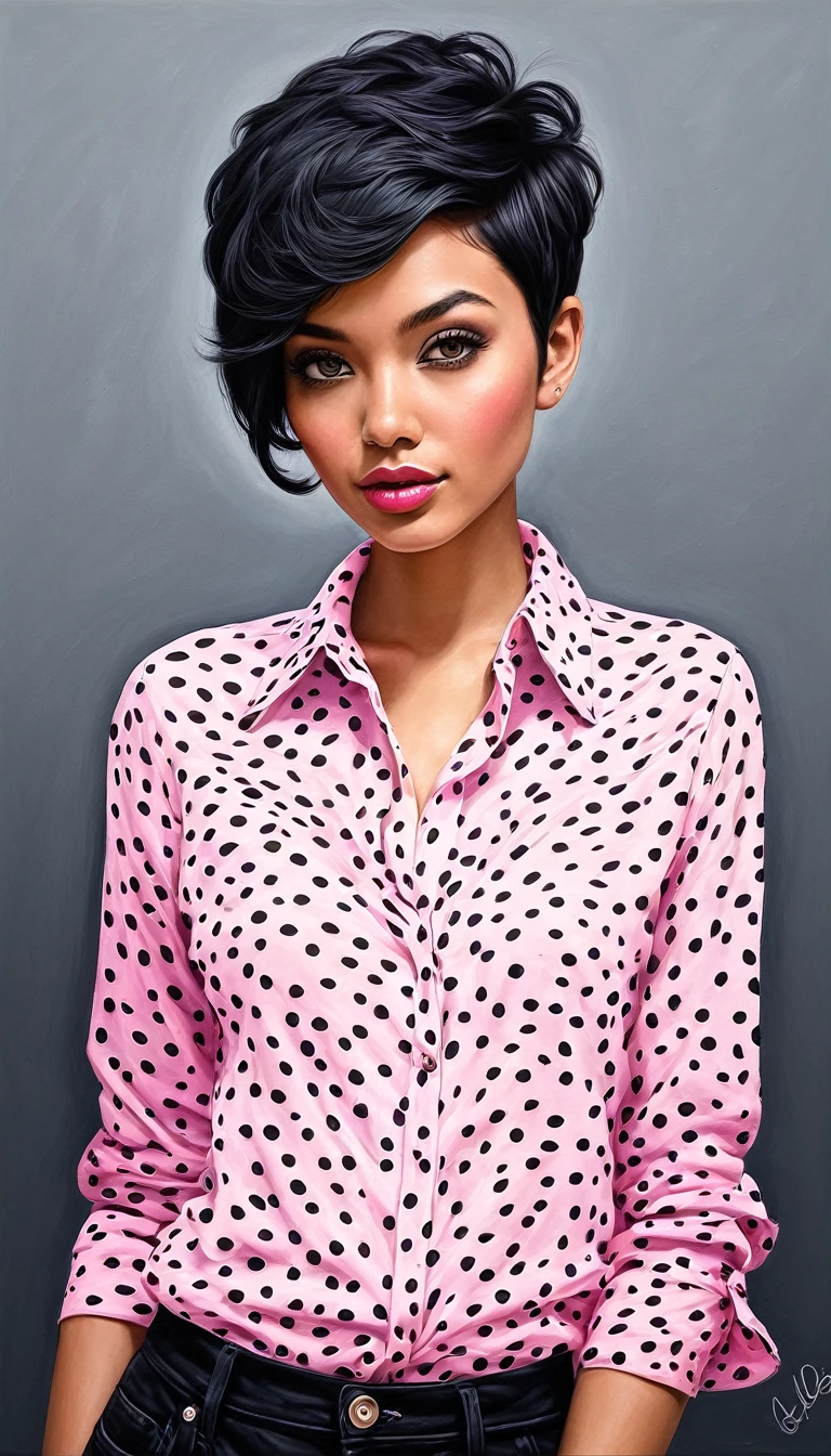 crea una mujer de pelo corto negro pixie,con camisa rosa, obra maestra, estilo ilustracion de Ali Erturk, alto detalle, hiperrealista, luz natural,ilustracion , colores llamativos fondo de flores
