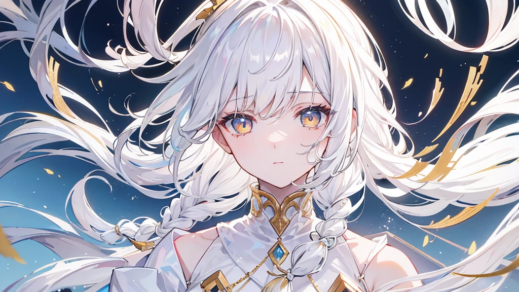 best quality, masterpiece,white hair, gold eyes,white clothes, looking up, upper body,hair strand,Fair skin,side braids