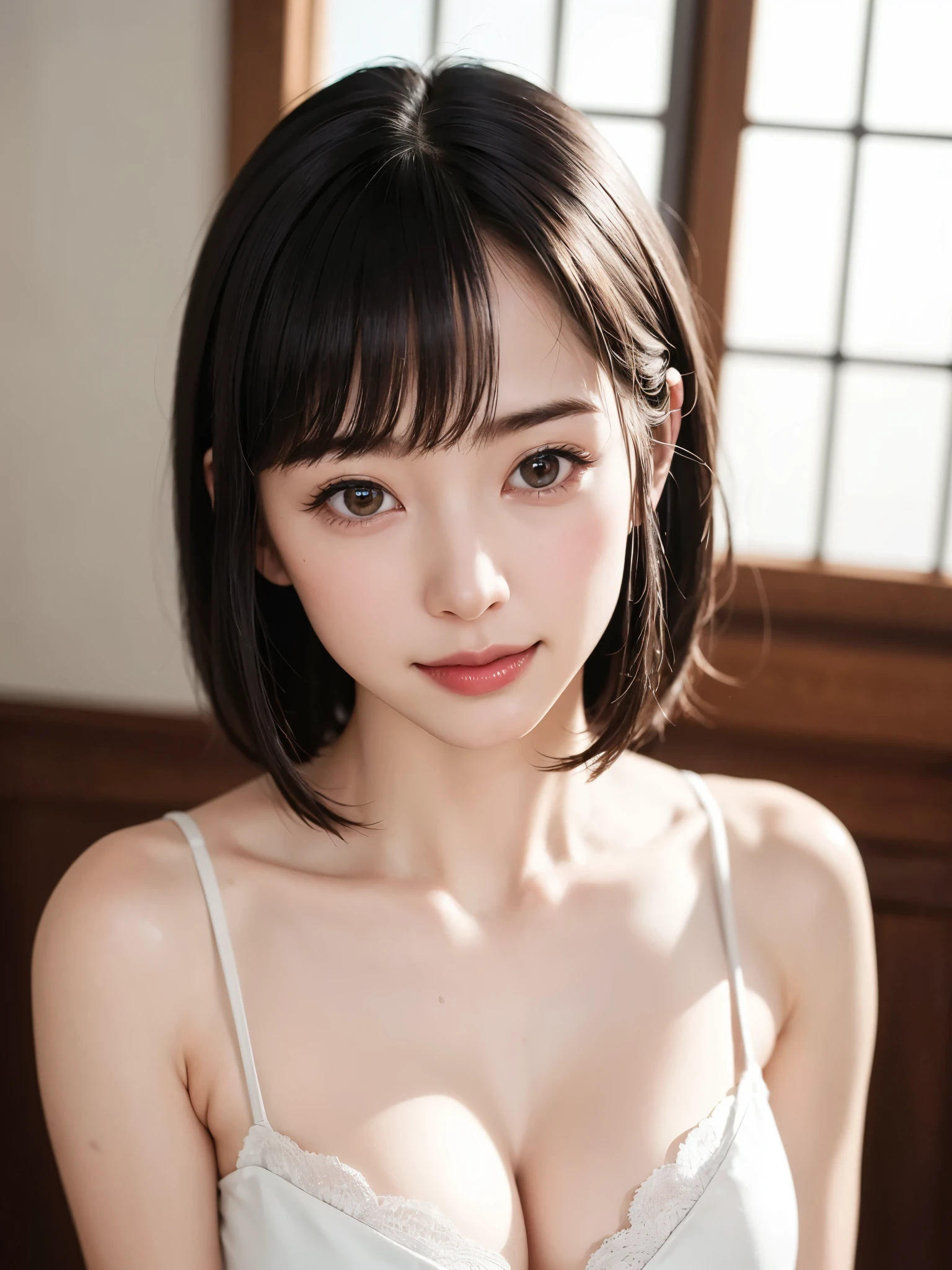 1 girl、highest quality、masterpiece、Realistic、alone、Written boundary depth、Natural soft light、Daytime、charm、Beautiful symmetrical face、Cleanliness、beauty、Pure Face、white and shiny skin、美しくLong neck、Listen carefully、cute、bangs:1.6、shiny shorthair、prohibit、Beach、Light of the sun、Whole Body Ezbian、((bangs、sweater、Golden ratio beautiful face、Beautiful symmetrical face、Arms are extended downwards to support the chest, Accentuate your cleavage.、Large Breasts))、Long neck、Listen carefully、すっきりとしたbangs付きショートボブ、Close your mouth with a happy smile:1.6、Perfect Fingers、Perfect hands、Perfect body、Perfect Face、Light in your eyes、Perfect Anatomy:1.6、、Beautiful neckline:1.6、とてもcuteスーパーモデル:1.6、Dutch Angle Shot、Dynamic Angle