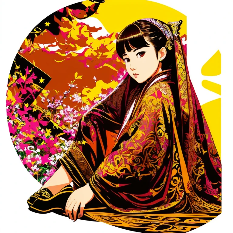 Jessica Alba, best quality, masterpiece, cinematic lighting, intricate, simple background, detailed face, full body, (outline:1.2), (popart:1.3), lineart, , , 1girl, sitting, hanfu, skistyle,, ,