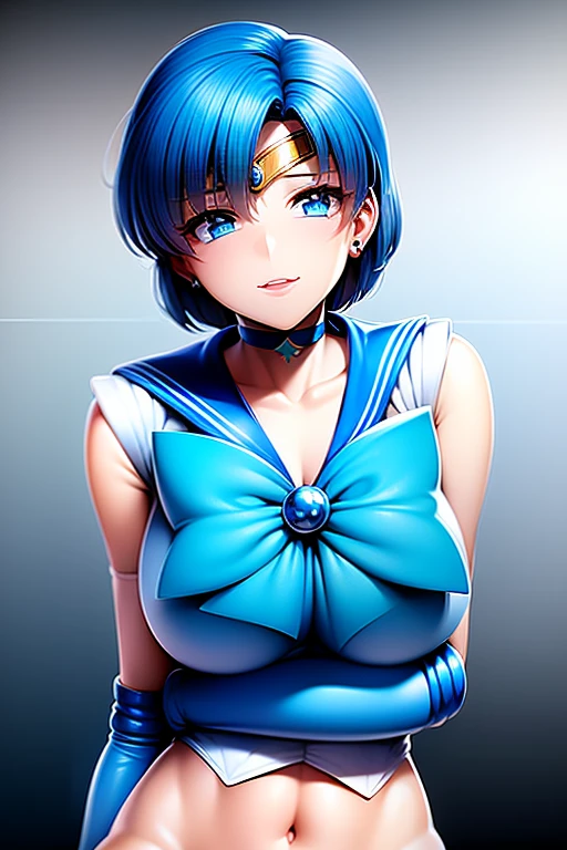 Sailor mercury, blue hair, blue eyes, short hair, tiara, earrings, blue bow, sailor senshi uniform, white gloves, elbow gloves, blue choker, blue skirt, blue bow, blue sailor collar, mercury planet, anime waifu style