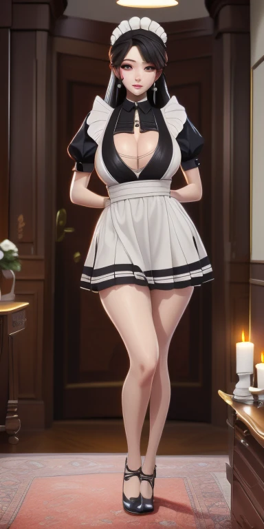 (masterpiece), best quality, Super detailed, Perfect hands, Perfect legs, Delicate eye expression, 1 Girl (assemble_Yaori, Sexy, 丰满Sexy身材, Huge breasts(((Cleavage)))8k, Wide hips, , Long hair, Eye(空洞的Eye)), Expressionless,open mouth,Saliva flows alone,, whole body,maid(Black, Mini skirt),maid headdress, skirt lift, In the middle of the night, Living room hallway(hidden, Only candles are glowing), walk,Sexy waist teasing,