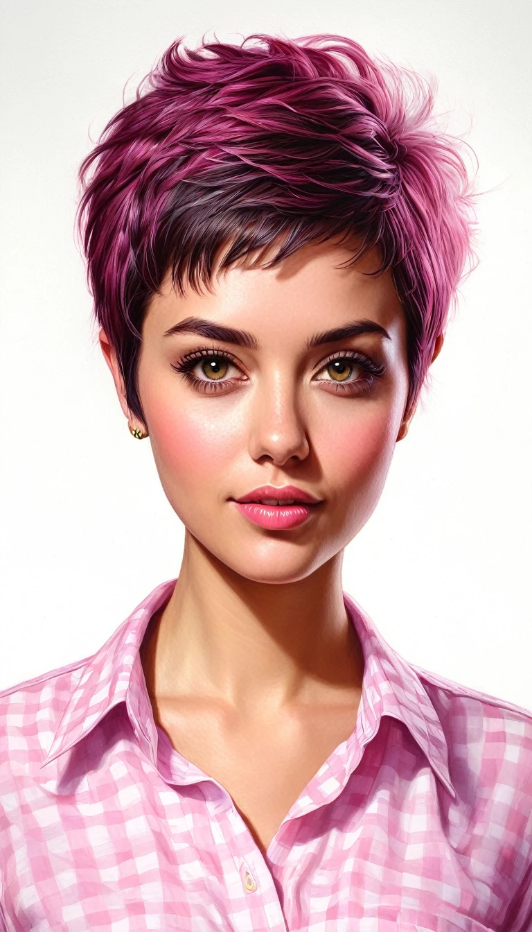 crea una mujer de pelo corto pixie,con camisa rosa, obra maestra, estilo ilustracion de Ali Erturk, alto detalle, hiperrealista, luz natural,ilustracion , colores llamativos