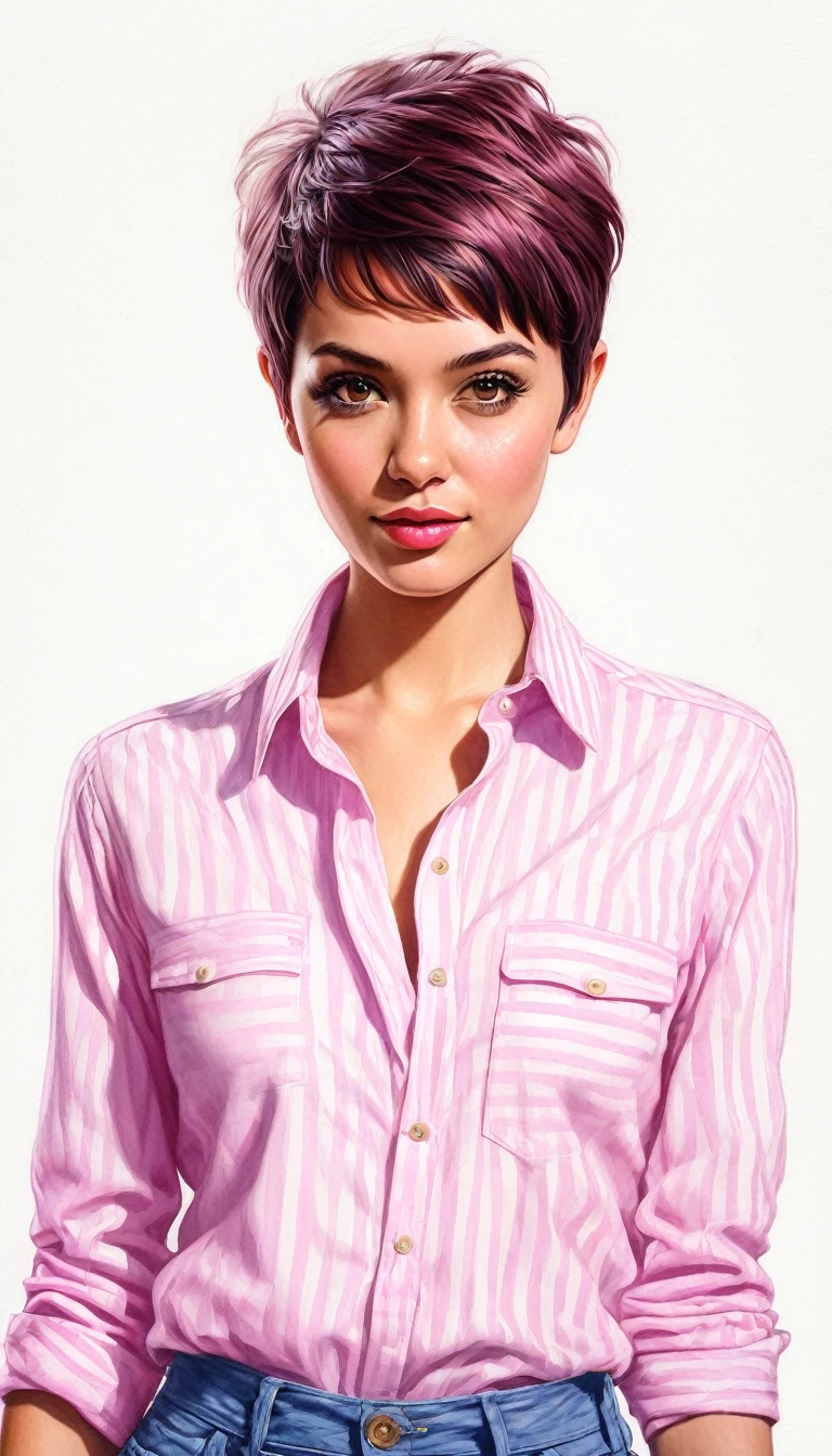crea una mujer de pelo corto pixie,con camisa rosa, obra maestra, estilo ilustracion de Ali Erturk, alto detalle, hiperrealista, luz natural,ilustracion , colores llamativos