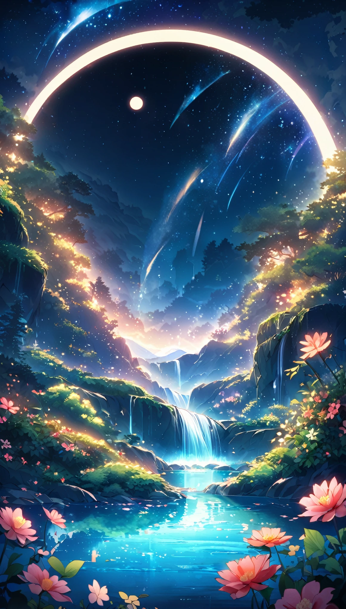 At night、Only the moonlight illuminates the serene scene、The curved moon in the sky gives off a mysterious glow.。Distant Mountain々You can see the waterfall.、Appears silhouetted against a celestial background。The beautiful big flower nearby、Petals fully open、Reveals a large glowing red center。The sound of the water flowing next to the pond creates a relaxing atmosphere.。Filled with summer fun。The curved moon and stars in the sky blend together、Nature itself creates intricate patterns on this stunning wallpaper.。