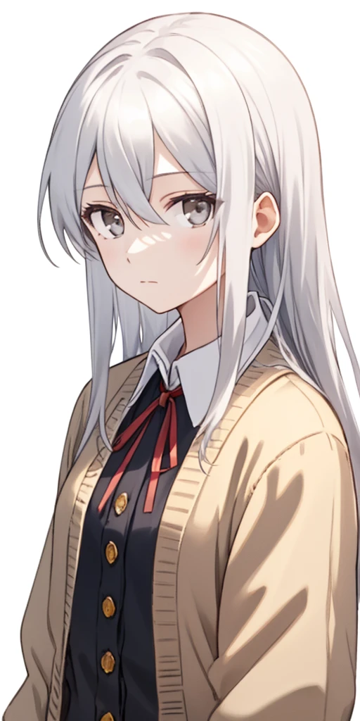 ((casual-style)), 1girl, solo, white hair, shirt, red ribbon, ribbon, looking at viewer, long hair, upper body, white eyes, white shirt, grey eyes, hair between eyes, neck ribbon, collared shirt, cardigan, closed mouth, expressionless, jacket, simple background, frills, bangs, white background, long sleeves