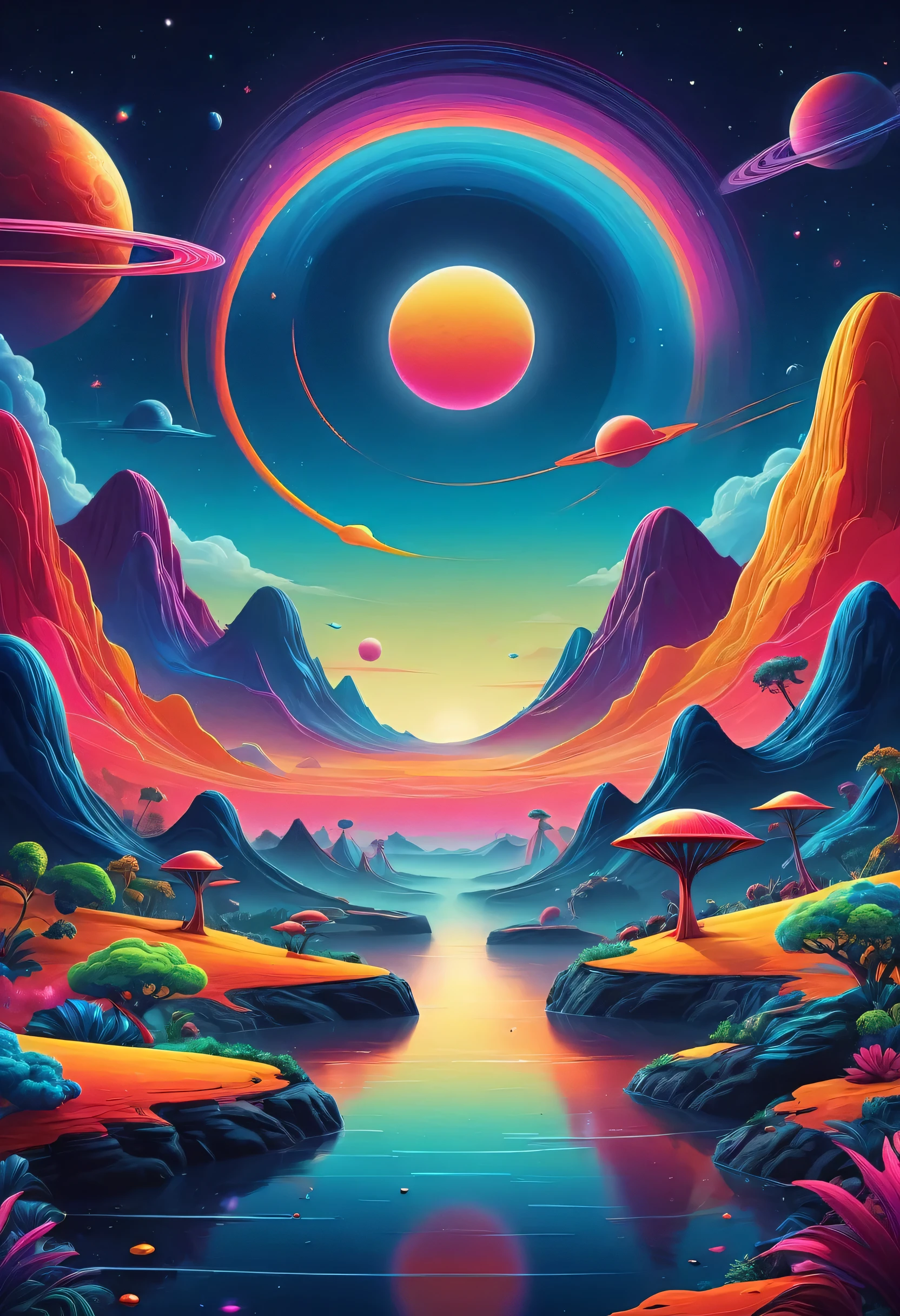 An Exotic Landscapes bursting with vibrant colors and whimsical features would captivate the imagination in a POP Illustration. The scene would depict a Cute Alien creature, Round, Expressive eyes, Have fun and explore strange terrains. The landscape would be adorned with Bold line, adding depth and dimension to the Rich colors, Stand out against the cosmic background. The overall effect would be a modern art masterpiece, Full of joy and surprise, Inviting the viewer to explore the endless possibilities of this fascinating world. (Ticker), (masterpiece), modern art, Colorful illustration, Bold line, Rich colors, Exotic Landscapes, Pop Art, Cute Alien,