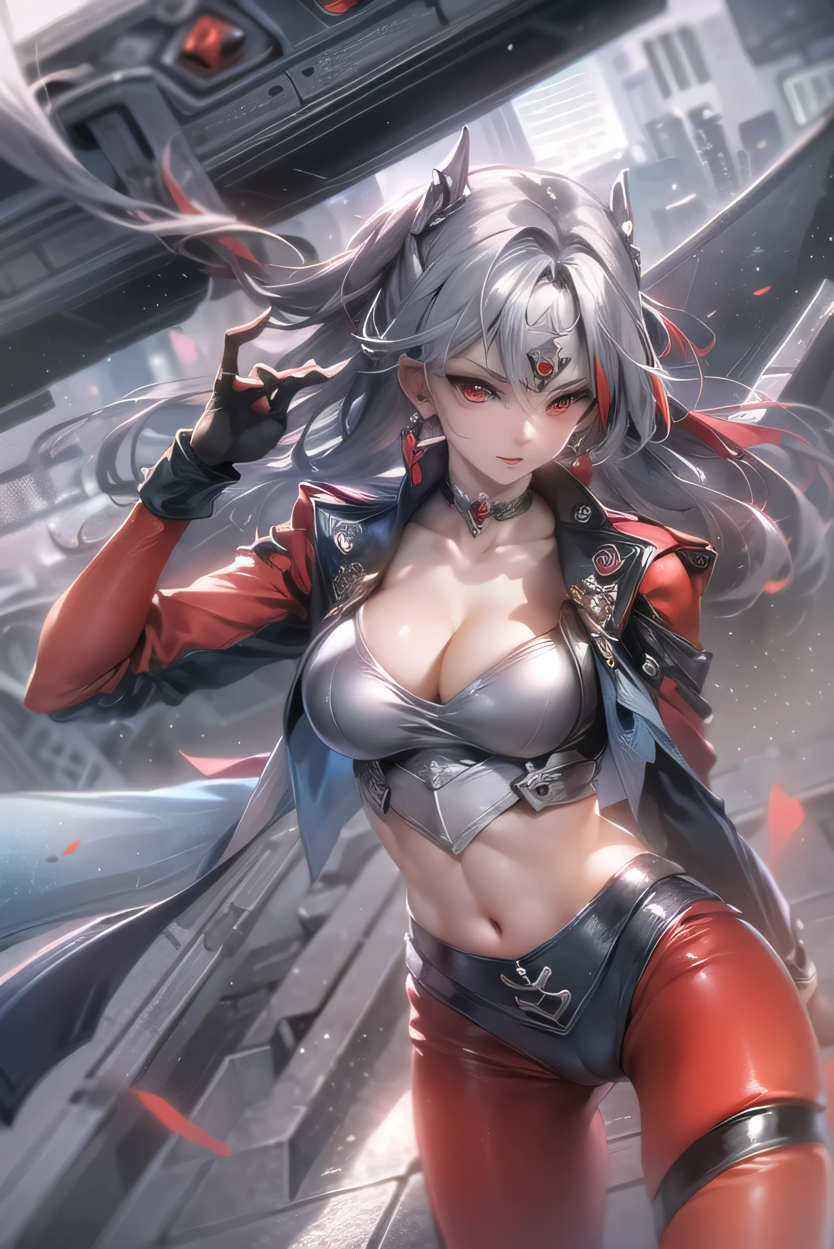 (Photorealistic:1.8, highest quality:1.8,8K masterpiece:1.8,High resolution,Mastepiece:1.8,RAW Photos,Cinematic lighting),No split screen、Highway at night、 (Beautiful female evil fighter)、choker、Tight bodysuit、Mouth gag、Red Eye Mask、Wide open chest、Body painting、Fishnet tights、Knee-high boots、
Beautiful ass、Beautiful thighs、Beautiful breasts、chest emphasis、Nipples visible through clothing、Plump nipples、cameltoe、correct2Benzu、A rich expression、fearless smile、Appealing gaze、
(Beautiful, shining red, blue, white, black and silver hair:1.5)、Photo from below