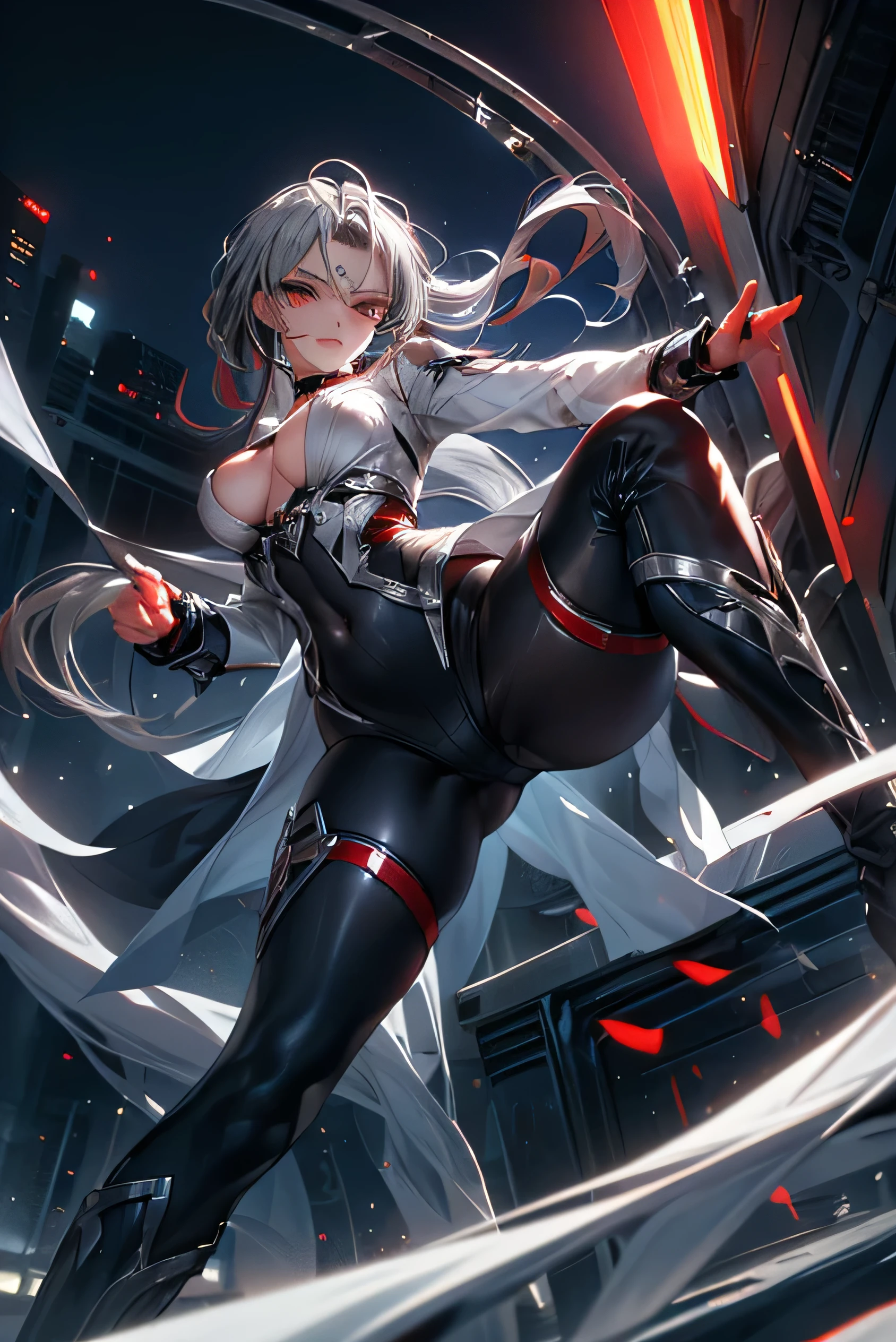 (Photorealistic:1.8, highest quality:1.8,8K masterpiece:1.8,High resolution,Mastepiece:1.8,RAW Photos,Cinematic lighting),No split screen、Highway at night、 (A beautiful female executive fighting evil)、choker、Tight bodysuit、Mouth gag、Red Eye Mask、Wide open chest、Body painting、Fishnet tights、Knee-high boots、
Beautiful ass、Beautiful thighs、Beautiful breasts、chest emphasis、Nipples visible through clothing、Plump nipples、cameltoe、correct２Benzu、A rich expression、fearless smile、Appealing gaze、
(Beautiful, shining red, blue, white, black and silver hair:1.5)、Photo from below