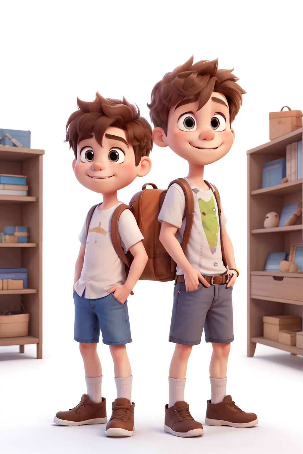 Two male friends with various poses and facial expressions on a white background, children's book illustration style, simple, cute, 6 years old, colors, short brown hair, plain color, white short-sleeved shirt, denim shorts without belt, without hat , no book, no glasses, no backpack