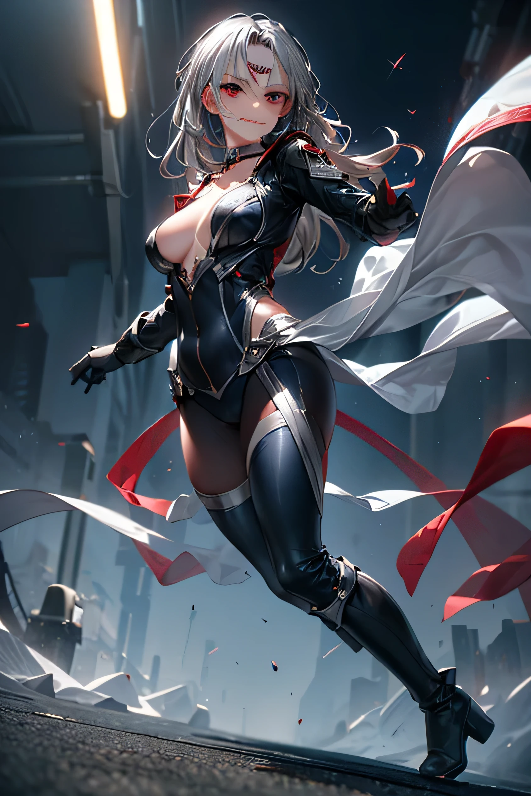 (Photorealistic:1.8, highest quality:1.8,8K masterpiece:1.8,High resolution,Mastepiece:1.8,RAW Photos,Cinematic lighting),No split screen、Highway at night、 (A beautiful female executive fighting evil)、choker、Tight bodysuit、Mouth gag、Red Eye Mask、Wide open chest、Body painting、Fishnet tights、Knee-high boots、
Beautiful ass、Beautiful thighs、Beautiful breasts、chest emphasis、Nipples visible through clothing、Plump nipples、cameltoe、correct2Benzu、A rich expression、fearless smile、Appealing gaze、
(Beautiful, shining red, blue, white, black and silver hair:1.5)、Photo from below