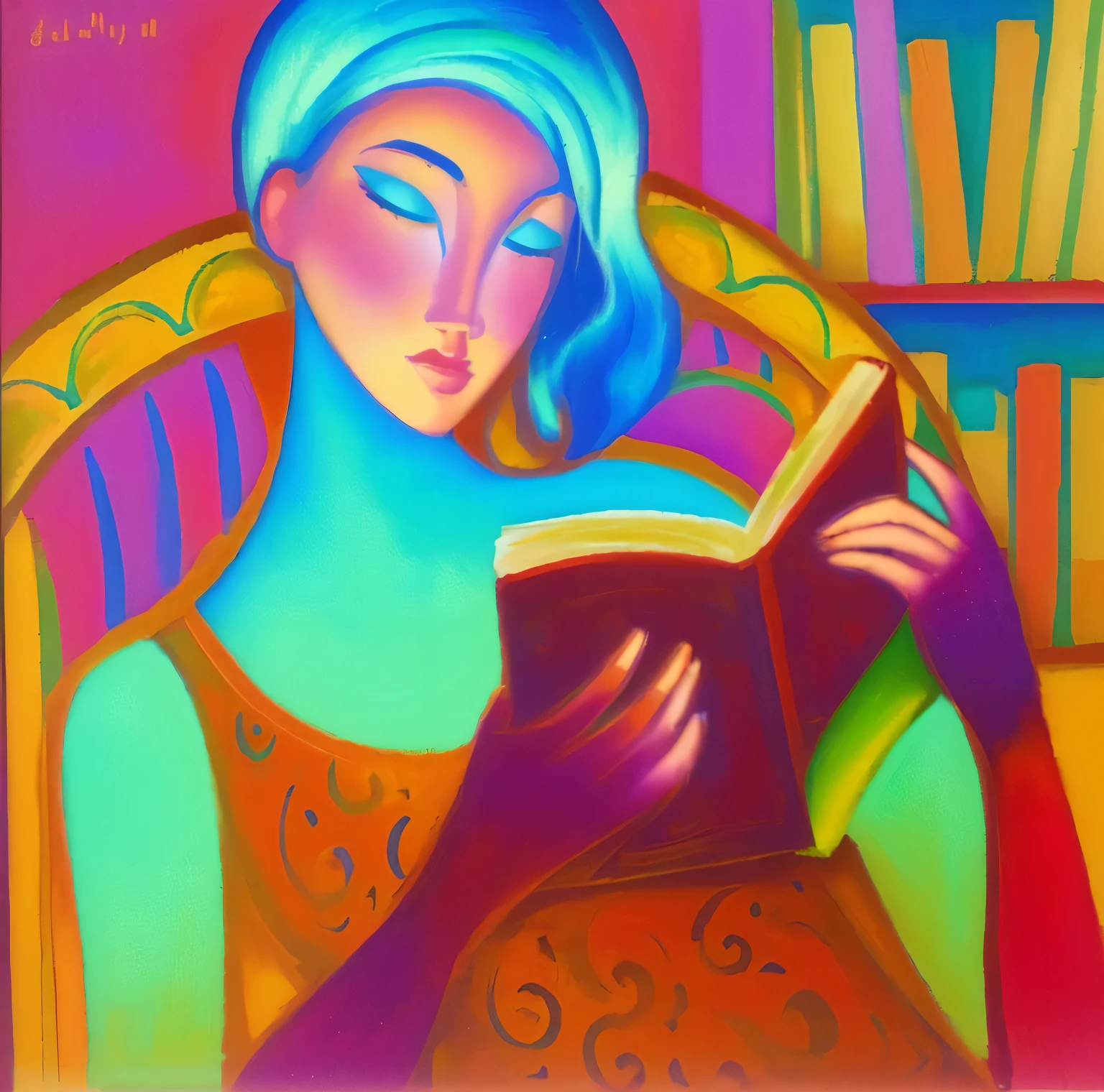 painting of a woman reading a book in a chair, reading a book, book portrait, reading new book, by Kim Du-ryang, reading, inspired by Gabriele Münter, by Nil Gleyen, reading in library, by Jean Hey, by Jean Metzinger, the librarian, inspired by Prudence Heward, reading the book about love