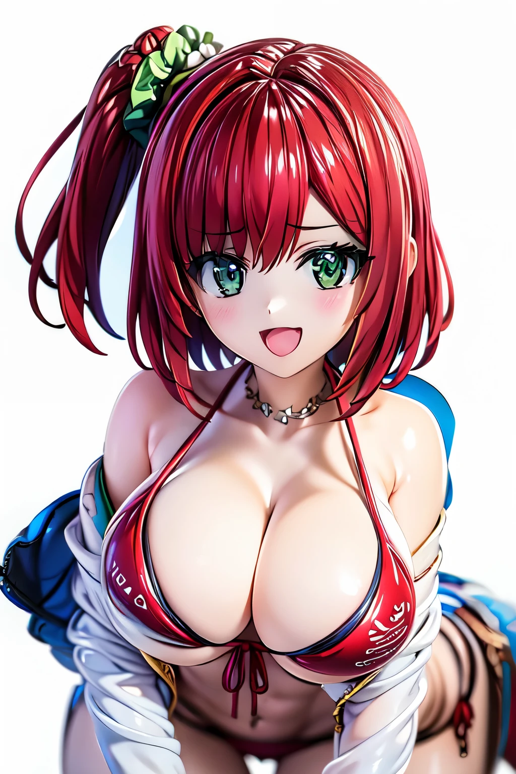 best quality, masterpiece, extremely detailed CG, official art , professional lighting, detailed background, sakimiyairuka, red hair, green eyes,(one side up), medium hair, side ponytail, green scrunchie, hair ornament, gleaming skin, smile, big breasts, big ass, micro bikini, collar, beach, MFBP1