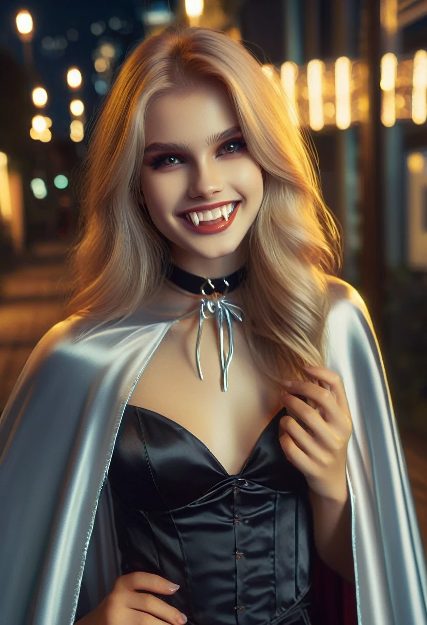 Vampyfangs1 , (RAW photo) , 1girl, cute, 20 years old, long blonde hair , smiling, look at viewer, ((((silver satin cape tied at the neck)))+++, side spilt skirt , photo, realistic, best quality, hires, detailed face, detailed background, diffused lighting, depth of field, bokeh