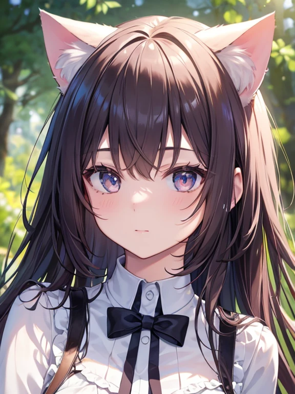 masterpiece、highest quality、High resolution、Very detailed、Close-up、Close-up of face、Girl、(Cat ears、cat's eyes)、(The left and right eyes are different colors、Blue right eye、Green left eye)、((Mouth open、Big fangs))、tongue、Bouncy hair、Vertical eyes、Trying to bite the viewer、