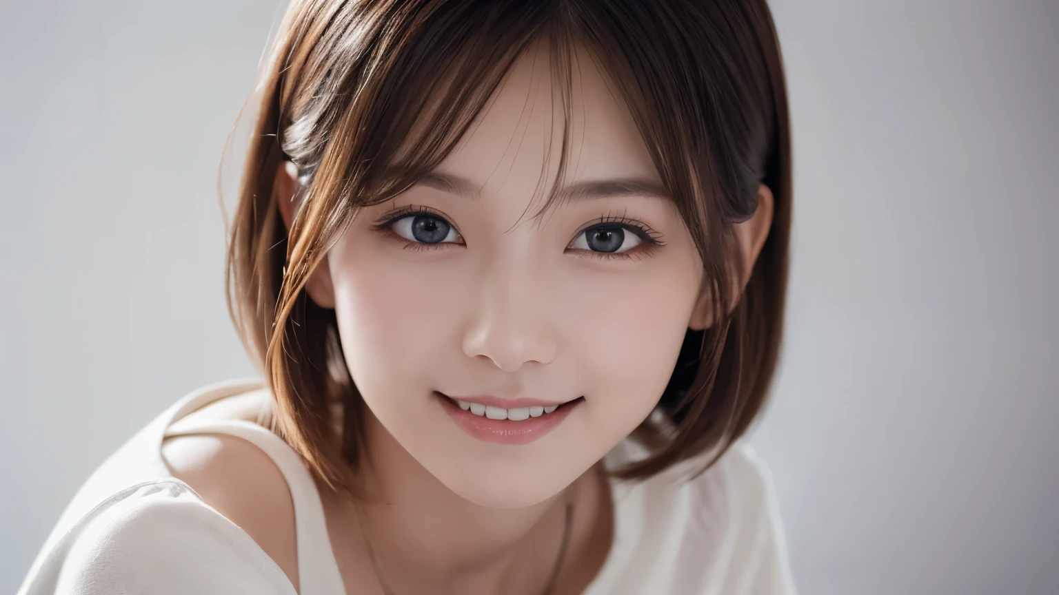 One Girl, (RAW Photos, highest quality), (Realistic, Photorealistic:1.4), Tabletop, Very delicate and beautiful, Very detailed, 2k wallpaper, wonderful, In detail, Very detailedな CG Unity 8K 壁紙, Very detailedな, High resolution, Soft Light, Beautiful detailed girl, looking at the camera、Very detailedな目と顔, Beautifully detailed nose, Beautiful fine details, short hair, small, White clothes、White background、Background is white、Cinema Lighting, Perfect Anatomy, Slender body, smile, 