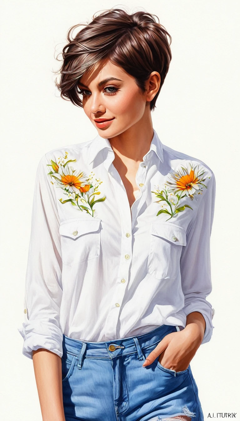 crea una mujer de pelo corto pixie,con camisa blanca, obra maestra, estilo ilustracion de Ali Erturk, alto detalle, hiperrealista, luz natural,ilustracion , colores llamativos con un fondo de flores
