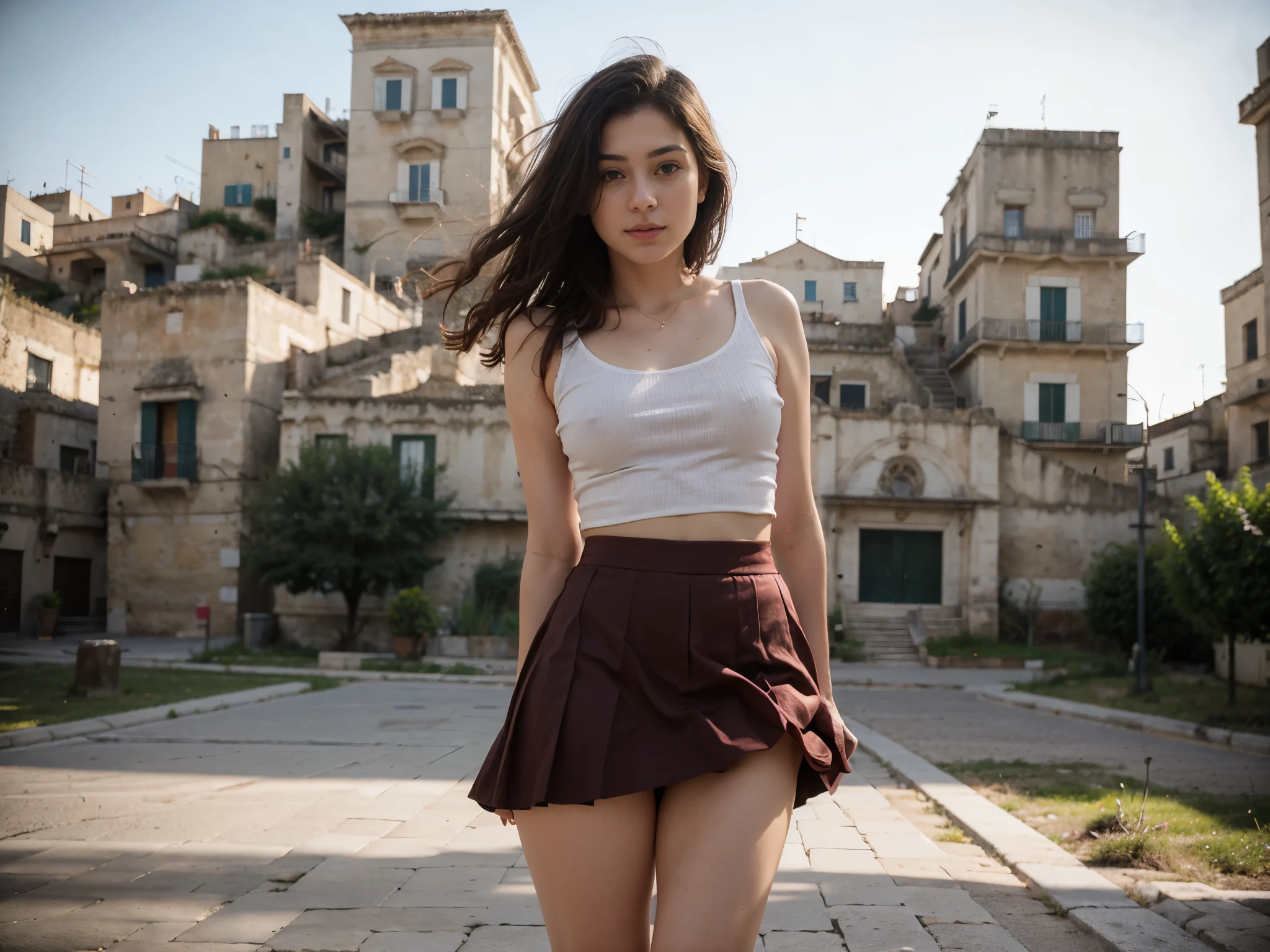 (YES SFW), [woman wears a long red skirt, skirt lift. White panties. Bottom view. anamr, solo woman, full body], city of Matera landscape, (sassi_di_matera in background), (YES SFW), blurry background, depth of field, motion blur, (YES SFW)