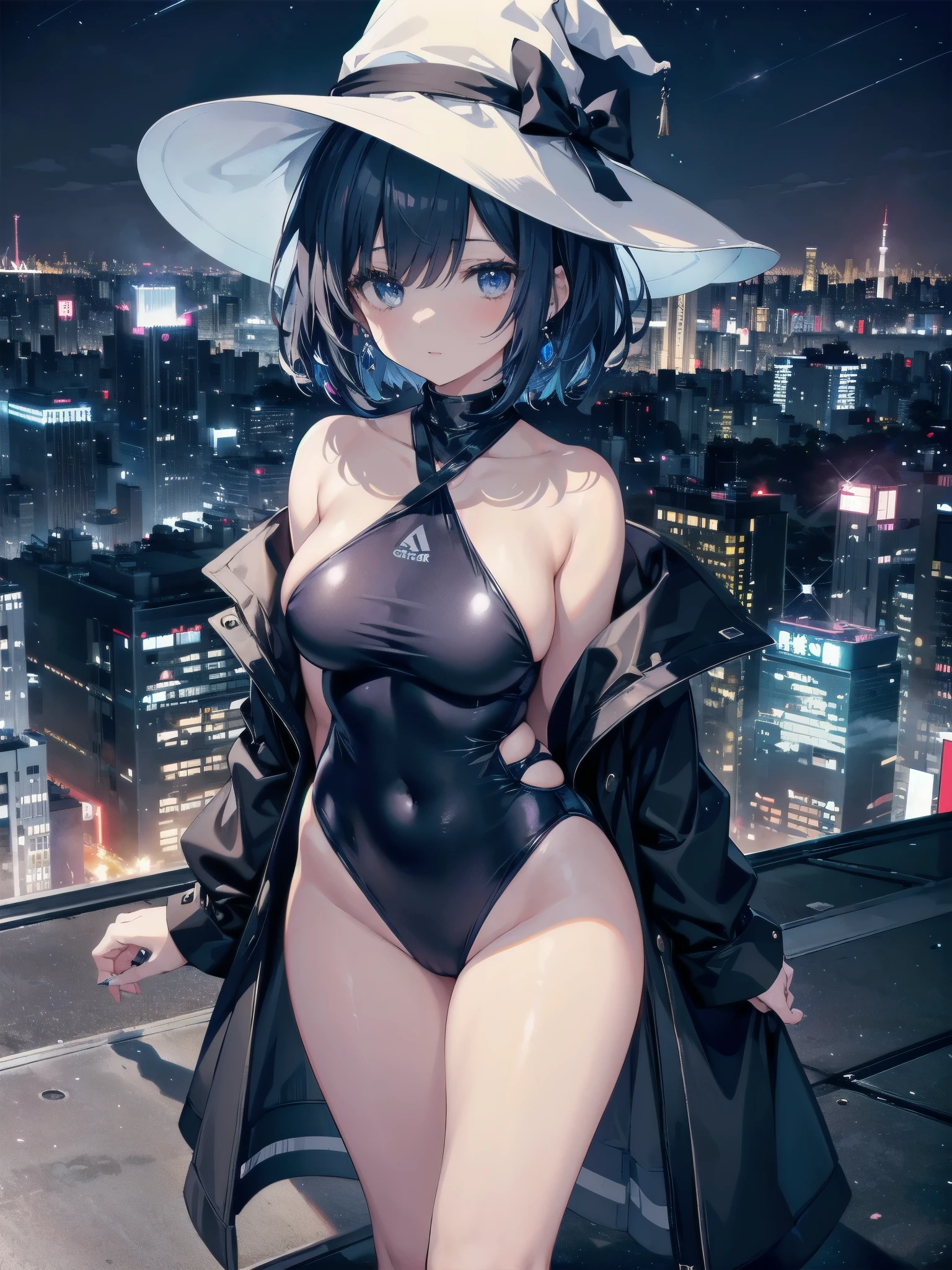 A girl stands on the rooftop of a high-rise building with a panoramic view of late-night Tokyo below.、She has a short bob with a white lob of hair and wears a large black witch hat with sapphire jewelry.、A high school student wearing a navy blue two-piece swimsuit with a white ribbon、She wears a large witch&#39;s hat with a small sapphire accessory、A few star creams、Beautiful starry sky、Beautiful night view、large witch's hat 、Navy blue bikini pants that dig into your stomach、Small breasts、Small breasts、Navy blue swimsuit top with white frills、I&#39;m looking at her from the front at a 15 degree angle from above.