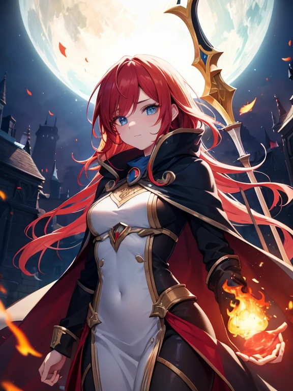 A masterpiece depicting a beautiful white girl, burn, Surrounded by flames, dota2 fire girl style, Ghost Knife Style, Fiery hair, Long Red Hair, watery blue Big eyes, Narrow waist, Wide Hips, Wizard Robe, Magic colors, World of Warcraft Style, Blizzard Entertainment, Ultra HD, 8k, Real skin texture, The best light, Best Shadow, Dota2 Lina, action, The wizarding world, Bird&#39;s-eye view, Small Mouth, Small Nose, Big eyes, cute