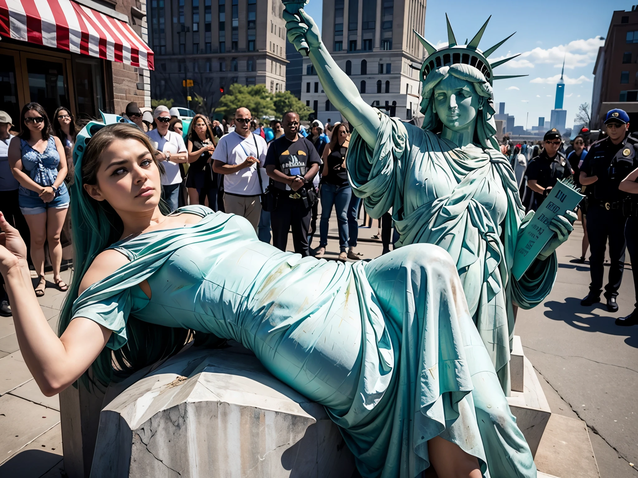 A police officer places his knee on the neck of the reclining Statue of Liberty (lady-liberty). People around watch the scene.