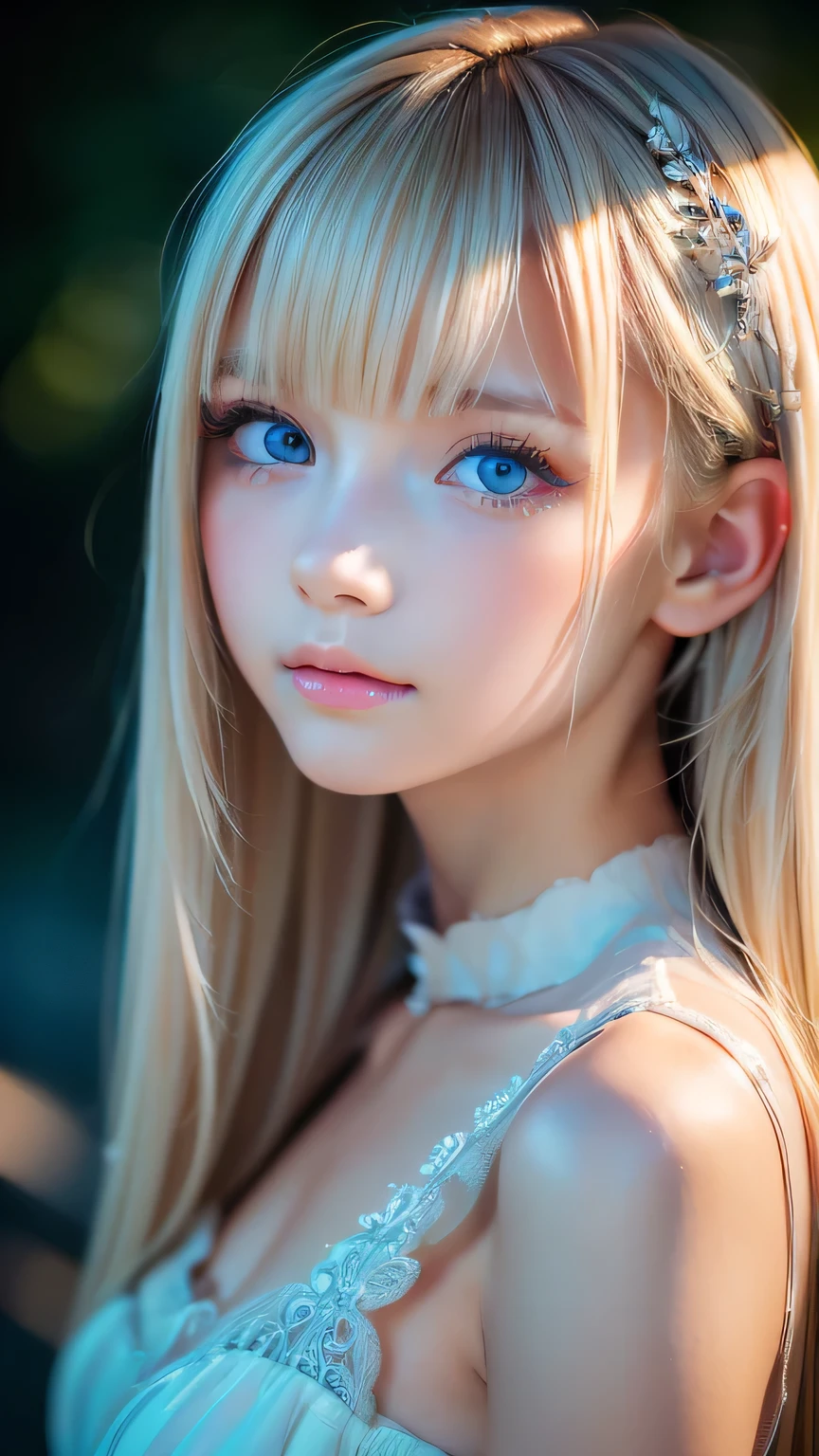 night, Raw photo, (((Very beautiful portrait))), (Glowing Skin)), 1 girl, 16 year old beautiful girl from Prague, (((Natural platinum blonde hair)), [Bright Blue Eyes], Super long hair, eyeliner, Fluttering Hair, bangs over eyes、Vibrant, ((masterpiece, 最high quality, Ultra Detail, Cinematic Light, Intricate details, High resolution, 8K, Very detailed)), Detail Background, 8K uhd, Digital single-lens reflex camera, Soft lighting, high quality, Film Grain, Fujifilm XT3, Shallow depth of field, Natural light, (Perfect hands), Perfect Face, View from afar、Small Face Beauty、