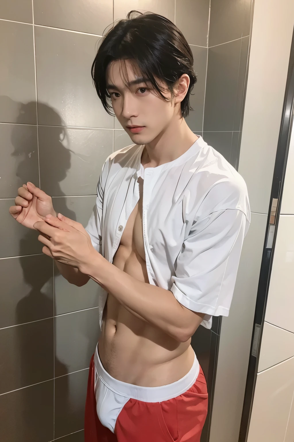 ( (8K:1.27), 4K，best qualtiy, tmasterpiece, 超A high resolution:1.2) Photos of Japan men, Young men，Perfect face，perfect bodies，wet body,  White shirt，white micro thong,  wet Clothes see-through，Expose your abs，realskin，super detailing,Gesture to take off the shirt、One Man、Perfect skin detail、One Man、Shower room,(Solo: 1.2)