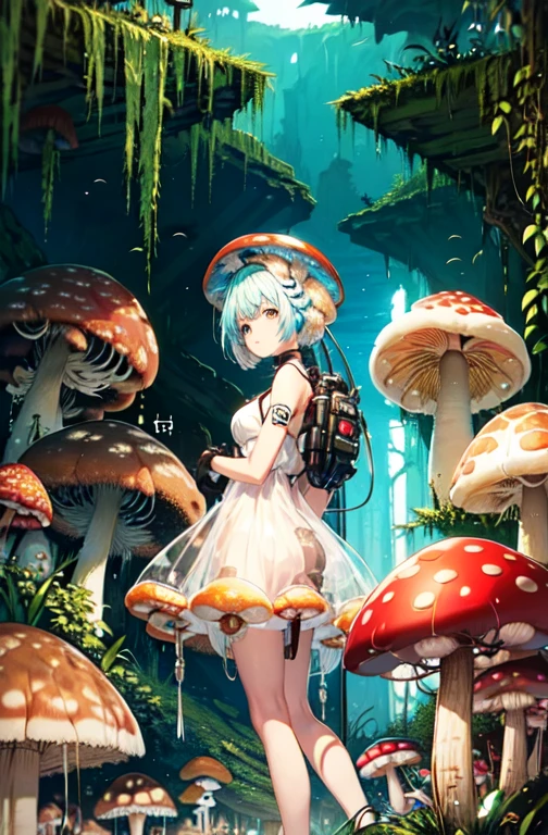 beautiful fungus girl, (Expressionless), (looking away), (biopunk:1.5), (lots of giant mushrooms), Research facility, eating mushrooms,
