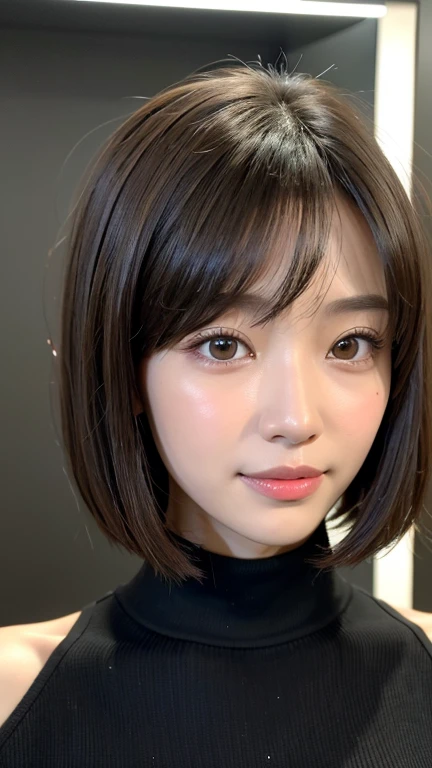 (((Close-up of face)))、(((Absolutely shoulder-length brown straight short bob)))、(((She is posing like a hair salon model, with a black wall indoors as the background.)))、(((Casual black winter long sleeves with shoulders covered)))、Half Japanese, half Korean、18 year old girl、Standing Alone、Looking forward、Light eye makeup、Brown Hair Color、Flat and 、Hair blowing in the wind、Actress Quality、Glossy, ultra-realistic face、Smiling face、Watery eyes、Gazing Up、Subtle lighting effects、 Ultra-Realistic Capture、Very detailed、High resolution 16K close up of human skin。Skin texture must be natural、The details must be such that pores can be clearly seen、The skin is healthy、Uniform tone、Use natural light and colors、A worn-out, high-quality photo taken by a model agency&#39;s in-house photographer.、smile、(((SIGMA 300 mm F/1.4,1/1000 sec shutter,ISO 400))) 