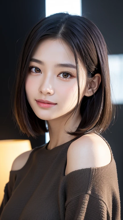 (((Close-up of face)))、(((Absolutely shoulder-length brown straight short bob)))、(((She is posing like a hair salon model, with a black wall indoors as the background.)))、(((Casual black winter long sleeves with shoulders covered)))、Half Japanese, half Korean、18 year old girl、Standing Alone、Looking forward、Light eye makeup、Brown Hair Color、Flat and 、Hair blowing in the wind、Actress Quality、Glossy, ultra-realistic face、Smiling face、Watery eyes、Gazing Up、Subtle lighting effects、 Ultra-Realistic Capture、Very detailed、High resolution 16K close up of human skin。Skin texture must be natural、The details must be such that pores can be clearly seen、The skin is healthy、Uniform tone、Use natural light and colors、A worn-out, high-quality photo taken by a model agency&#39;s in-house photographer.、smile、(((SIGMA 300 mm F/1.4,1/1000 sec shutter,ISO 400))) 