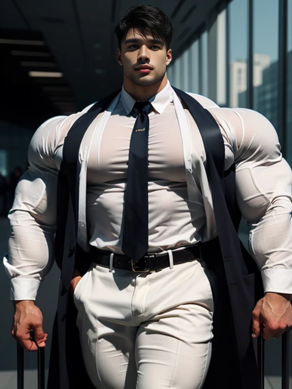 An award-winning original photo,A wild muscular man, (40 years old daddy:1.1), 1boy, Solo, (white suit), (black necktie), (big shoulders), musculature, stubbles, Short beard, Beautiful eyes:1.3, ), (Detailed face:1.3), (looking up:1), smilling, standing in the airport, Dynamic Angle, volumetric lighting, (Best quality, A high resolution, Photorealistic), Cinematic lighting, sunlight, Masterpiece, RAW photo, Intricate details, hdr, depth of field, 1 korean male, (korean man with k-pop idol look), 20yo, handsome, hyper muscle, stubble, firm, wear policeman costume & pants, big guy, photo real, illuminating light, brutalmass, giant muscular bodybuilder, bulk, massive body, large size, posing