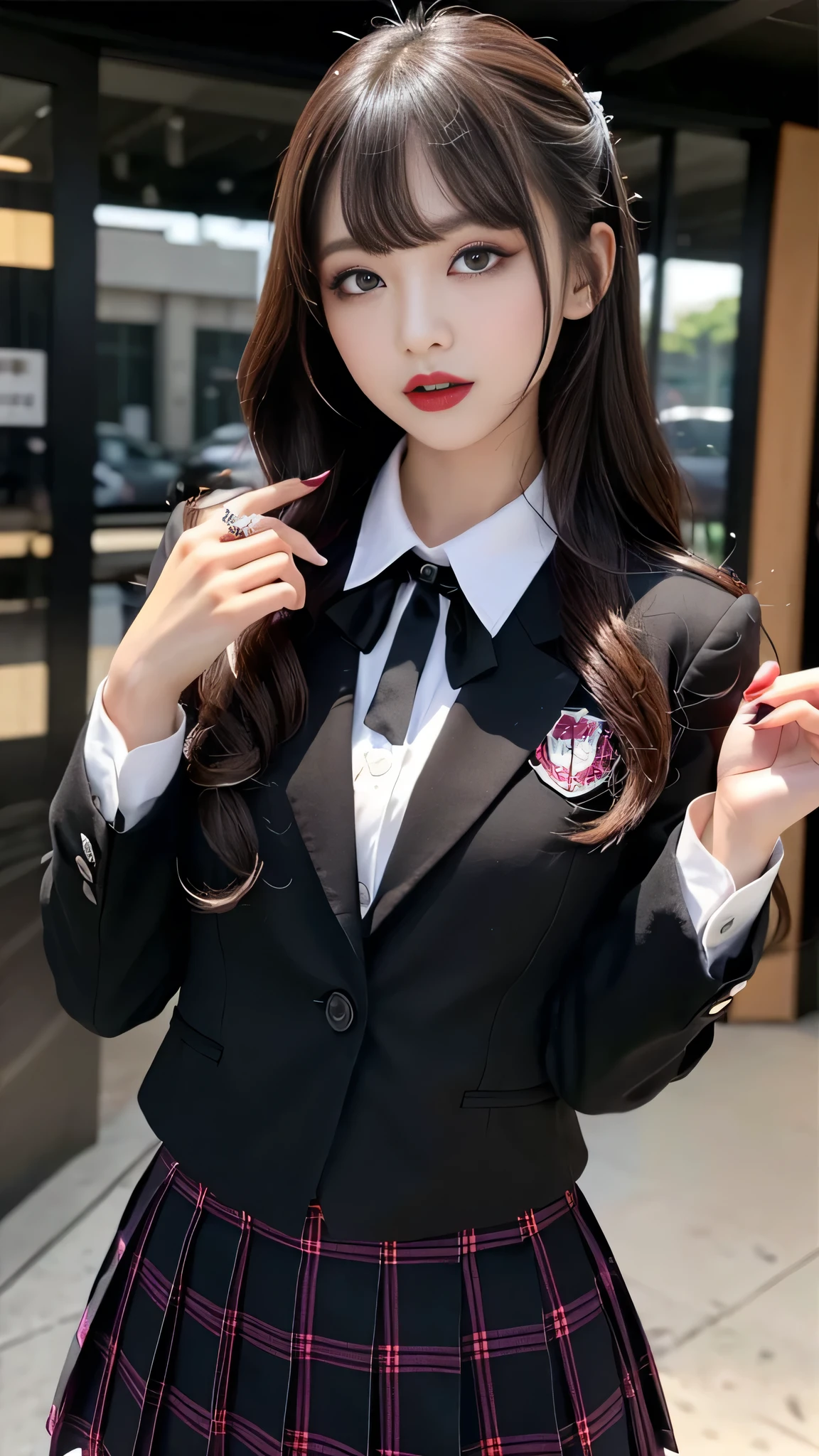 best quality、ultra-detailed、4k、Japanese、Seductive beauty、seductive adult woman、Pretty Woman、cool girl、Villainess、Brainwashed、brainwash、Fallen into evil、smirk、Evil look、Wicked Smile、evil、Brown hair、wavy hair、swept bangs、dark makeup、dark makeup、piercing eyes、hollow eyes,half-closed eyes、Hollow Eyes、purple Eyeshadow、black lipstick、black lipglos、student、uniform、Black blazer、White Shirt、Black Ribbon、flare skirt、night、inside school、Have lipstick、Emblem of Evil、Crest of Darkness、Swear allegiance、I have pledged my allegiance、Dye black、Blackening、Stained with evil、Dyed in darkness、Seduce