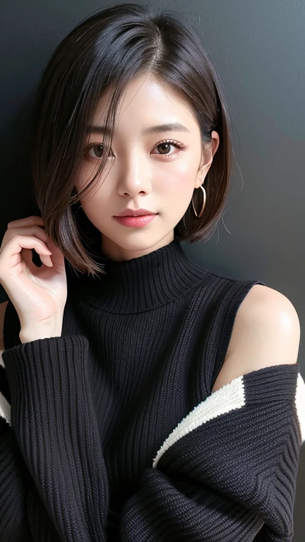 (((Close-up of face)))、(((Absolutely shoulder-length brown straight short bob)))、(((She is posing like a hair salon model, with a black wall indoors as the background.)))、(((Casual black winter long sleeves with shoulders covered)))、Half Japanese, half Korean、18 year old girl、Standing Alone、Looking forward、Light eye makeup、Brown Hair Color、Flat and 、Hair blowing in the wind、Actress Quality、Glossy, ultra-realistic face、Smiling face、Watery eyes、Gazing Up、Subtle lighting effects、 Ultra-Realistic Capture、Very detailed、High resolution 16K close up of human skin。Skin texture must be natural、The details must be such that pores can be clearly seen、The skin is healthy、Uniform tone、Use natural light and colors、A worn-out, high-quality photo taken by a model agency's in-house photographer.、smile、(((SIGMA 300 mm F/1.4,1/1000 sec shutter,ISO 400)))