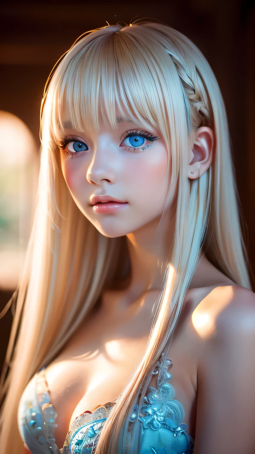 night, Raw photo, (((Very beautiful portrait))), (Glowing Skin)), 1 girl, 16 year old beautiful girl from Prague, (((Natural platinum blonde hair)), [Bright Blue Eyes], Super long hair, eyeliner, Fluttering Hair, bangs over eyes、Vibrant, ((masterpiece, 最high quality, Ultra Detail, Cinematic Light, Intricate details, High resolution, 8K, Very detailed)), Detail Background, 8K uhd, Digital single-lens reflex camera, Soft lighting, high quality, Film Grain, Fujifilm XT3, Shallow depth of field, Natural light, (Perfect hands), Perfect Face, View from afar、Small Face Beauty、