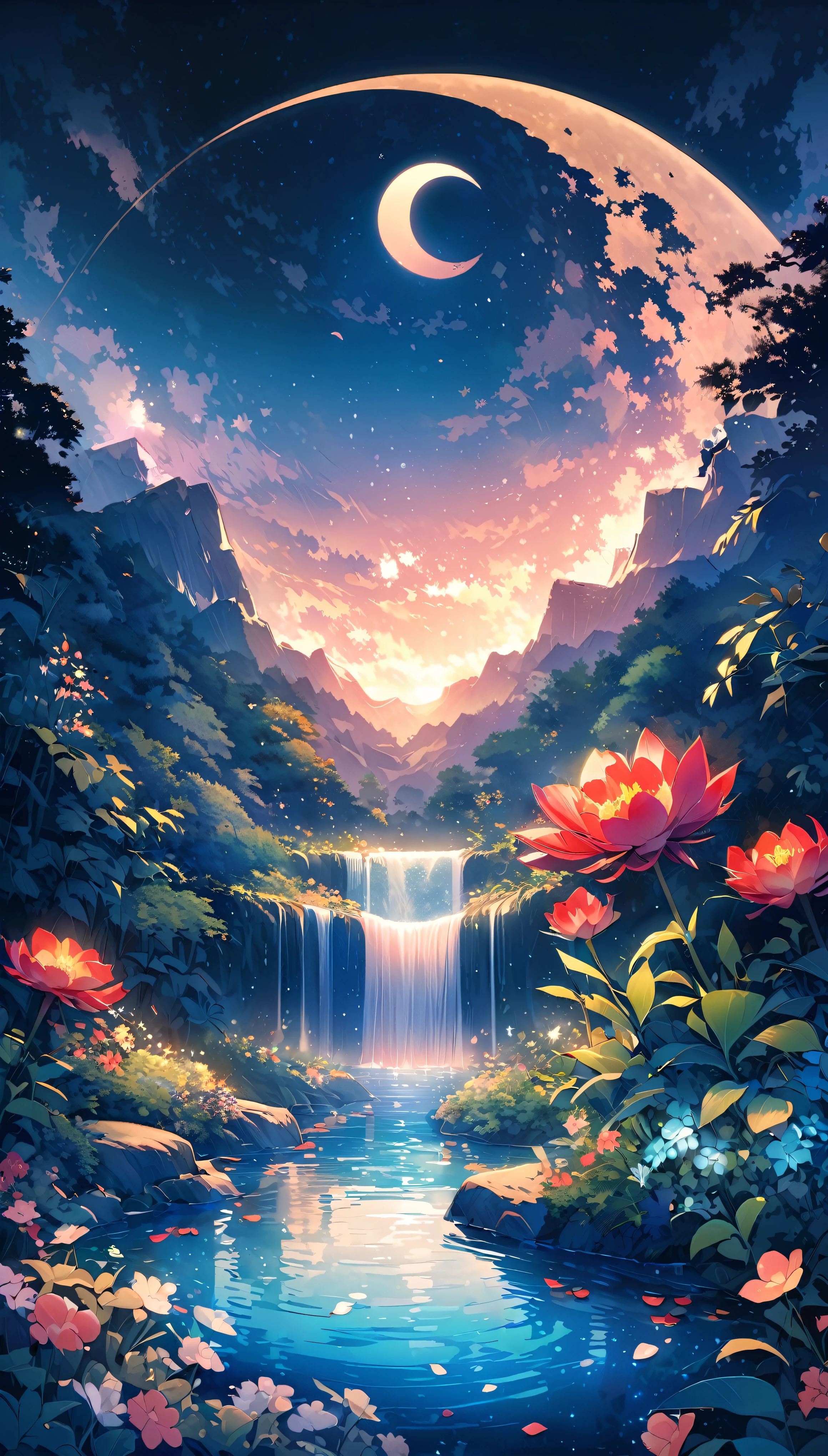 At night、Only the moonlight illuminates the serene scene、The curved moon in the sky gives off a mysterious glow.。Distant Mountain々You can see the waterfall.、Appears silhouetted against a celestial background。The beautiful big flower nearby、Petals fully open、Reveals a large glowing red center。The sound of the water flowing next to the pond creates a relaxing atmosphere.。Filled with summer fun。The curved moon and stars in the sky blend together、Nature itself creates intricate patterns on this stunning wallpaper.。