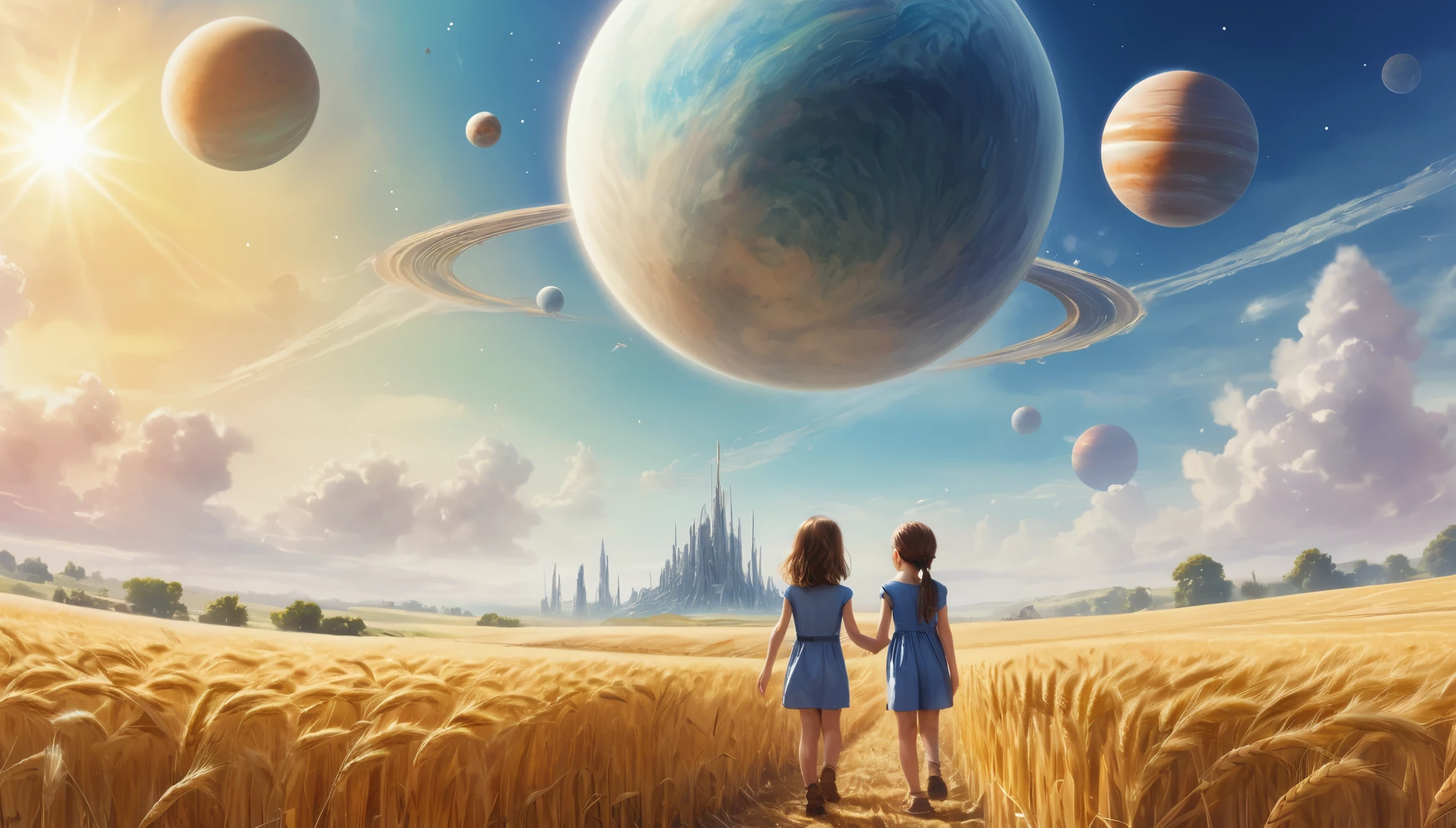 a masterpiece of watercolor painting, an alien planet, two planets in the sky, a bright sunny day, a spaceship hanging over a wheat field, children waving their hands, a girl stands next to and looks at the spaceship 8k, hyperrealism