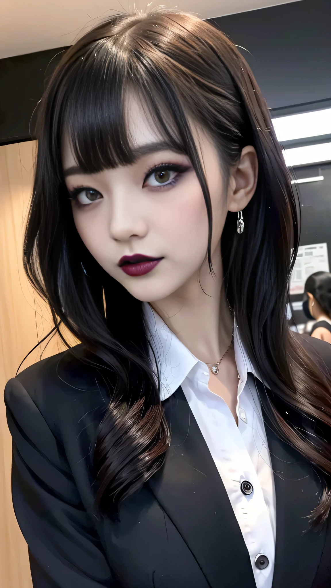 best quality、ultra-detailed、4k、Japanese、Seductive beauty、seductive adult woman、Pretty Woman、cool girl、Villainess、Brainwashed、brainwash、Fallen into evil、smirk、Evil look、Wicked Smile、evil、Brown hair、wavy hair、swept bangs、dark makeup、dark makeup、piercing eyes、hollow eyes,half-closed eyes、Hollow Eyes、purple Eyeshadow、black lipstick、black lipglos、student、uniform、Black blazer、White Shirt、Black Ribbon、flare skirt、night、inside school、Have lipstick、Emblem of Evil、Crest of Darkness、Swear allegiance、I have pledged my allegiance、Dye black、Blackening、Stained with evil、Dyed in darkness、Seduce