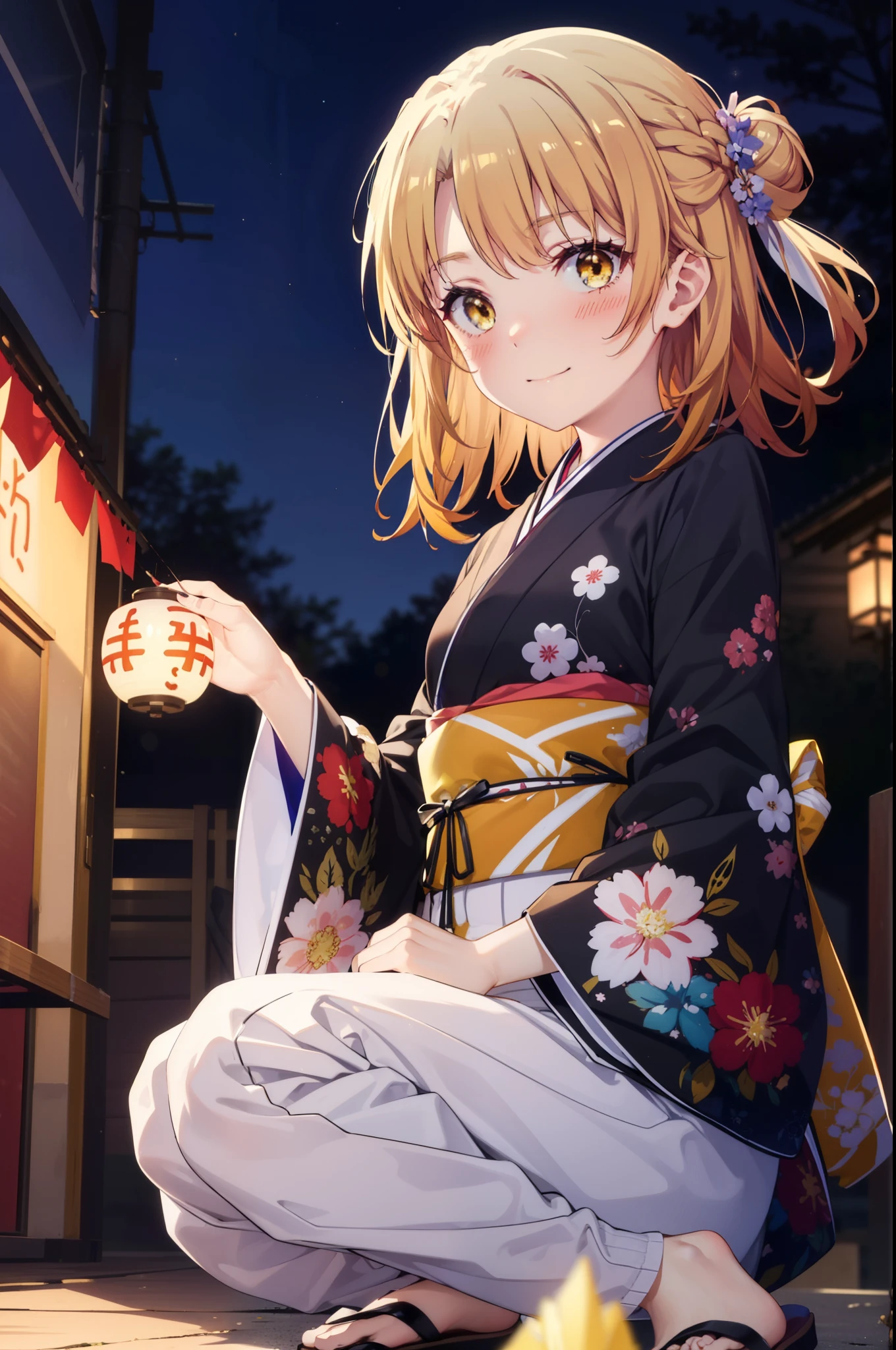 irohaisshiki, Iroha Isshiki, long hair, Brown Hair, (Brown eyes:1.5), Hair Bun, single Hair Bun,smile,Yellow kimono,Thick sleeves,Yellow hakama,White tabi,Sandals,日本のFestivalり,夏Festivalりの屋台,Red lantern,Fireworks in the night sky、Fireworks,The place is a fireworks display,Time is night,sunny day,whole bodyがイラストに入るように,歩いている
break outdoors, Festival,
break looking at viewer,whole body,
break (masterpiece:1.2), highest quality, High resolution, unity 8k wallpaper, (figure:0.8), (Beautiful fine details:1.6), Highly detailed face, Perfect lighting, Highly detailed CG, (Perfect hands, Perfect Anatomy),