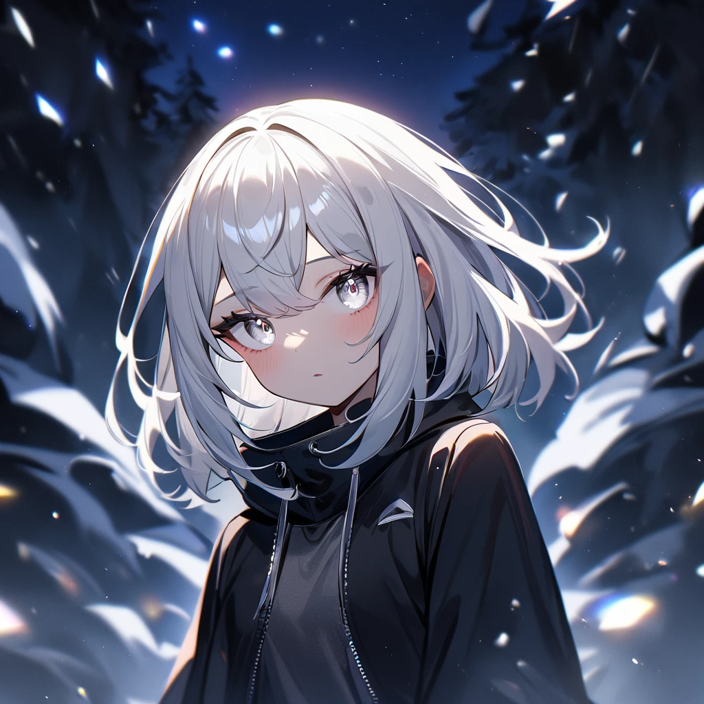 1 girl,White hair,White eyes,deep eyes,Introvert,very aesthetic, absurdres,looking at viewer,Whitesilver,shiny, midnight midnight,medium hair watch