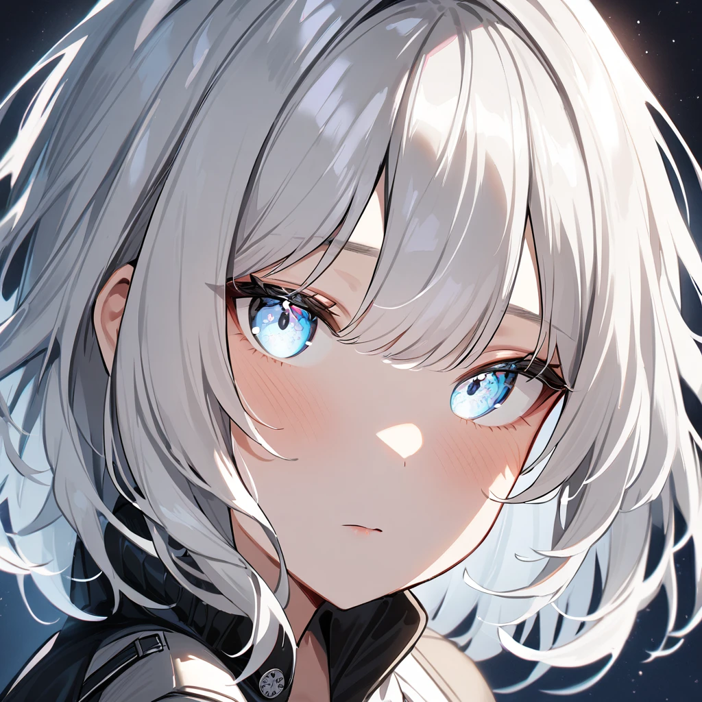 1 girl,White hair,White eyes,deep eyes,Introvert,very aesthetic, absurdres,looking at viewer,Whitesilver,shiny, midnight midnight,medium hair watch 