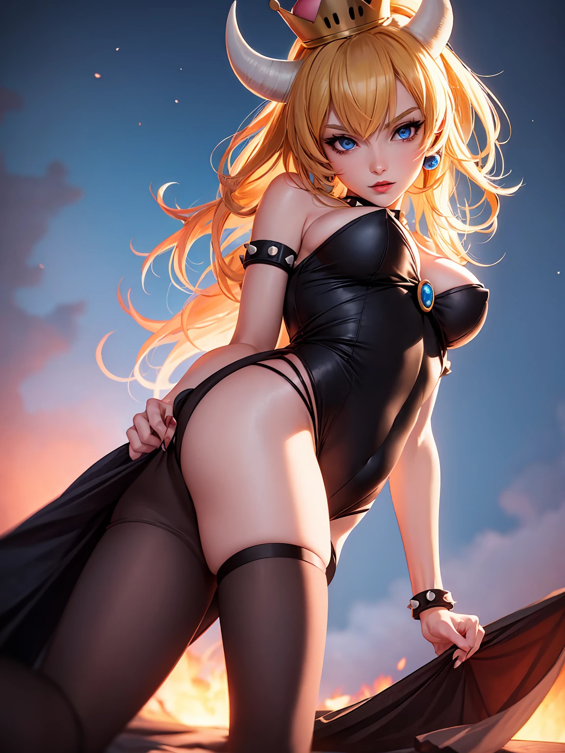 ((high detailed, best quality, 4k, masterpiece, hd:1.3)), ((best quality)), (((HD))), (((8k))), (ultraDH), (ultra HD), Princess Daisy, blue eyes, BREAK blue eyes, seductive, attractive, smooth anime cg art, 36C breasts, long legs, vivid colors, detailed digital art, slim body, perfect skin, dark blonde hair, long hair, blonde hair, blonde hair, BREAK crown, cleavage, 36C cleavage, looking at viewer, BREAK looking at viewer, extremely detailed face, red santa suit, red santa claus suit, santa claus suit, earrings, gem, dark black makeup lips, dark gothic eyeshadows, dark eyeshadows, black eyeshadows, black sexy lips, black lips, (dark:1.2), dark lips, very dark lips, (perfect hands, perfect anatomy), black makeup, black medium lips, black thick lips, detailed fingers, five fingers per hand, 5 fingers, (1 girl), detailed lips, detailed black lips, black painted lips, gothic painted lips, BREAK night, night sky, (breast focus), (arms outstreched:1.2), (from above:1.1), (breasts out:1.3), (off shoulder:1.1), (white horns), (lingerie), inside a lava castle, she inside a sea of lava, she bathing in lava, full body, perfect long legs, perfect foots, legs and foots into the lava,