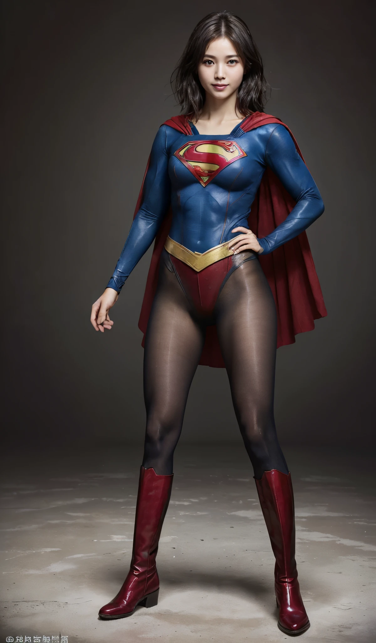 No background、(((Beautiful legs in black tights.)))、(((Legally express the beauty of your smile)))、((((Make the most of your original images)))、(((Supergirl Costume)))、(((Beautiful short bob hair)))、(((suffering)))、(((Please wear black tights....、Wear red boots)))、((Best image quality、8k))、((highest quality、8k、masterpiece:1.3))、(((Preserve background )))、Sharp focus:1.2、Beautiful woman with perfect figure:1.4、Slim Abs:1.2、Wet body:1.5、Highly detailed face and skin texture、8k