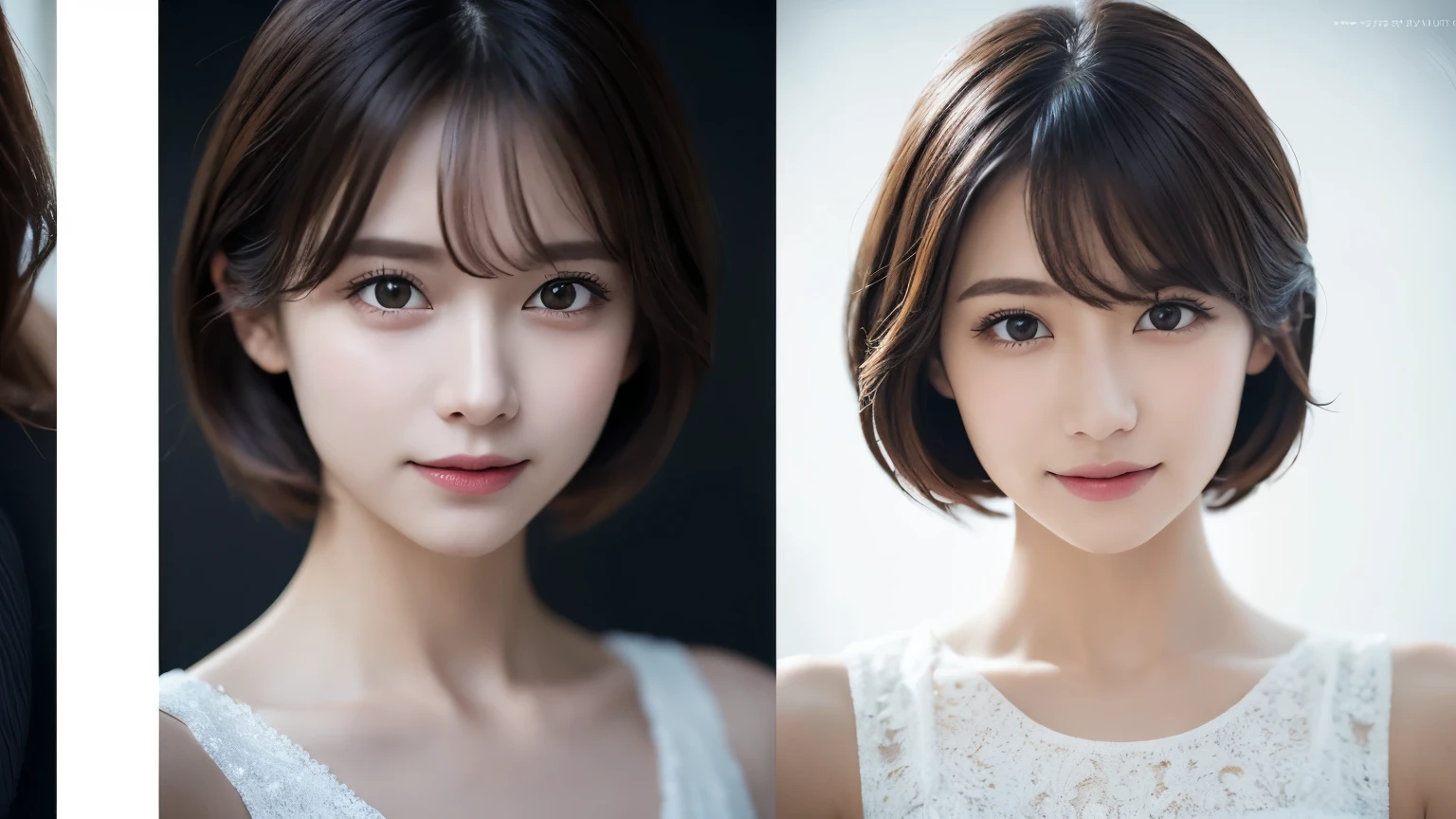 One Girl, (Dress in trendy fashion:1.2), (RAW Photos, highest quality), (Realistic, Photorealistic:1.4), Tabletop, Very delicate and beautiful, Very detailed, 2k wallpaper, wonderful, In detail, Very detailedな CG Unity 8K 壁紙, Very detailedな, High resolution, Soft Light, Beautiful detailed girl, looking at the camera、Very detailedな目と顔, Beautifully detailed nose, Beautiful fine details, short hair, small, White clothes、White background、Background is white、Cinema Lighting, Perfect Anatomy, Slender body, smile, 