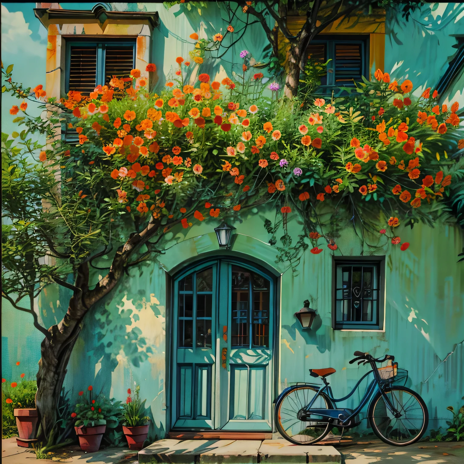 Picture of a bicycle parked in front of a green building, Orange and Teal, Orange and turquoise, Orange and Teal color, blue green and orange, Turquoise and Orange, Teal Orange color palette, blue green and orange colours, blue green and orange colour palette, Cyan and orange, blue green and orange colors, Teal Orange, Orange Flower, Teal Orange color scheme, 4K HD,, Beautiful Art UHD 4K, Beautiful artwork illustration, Beautiful digital painting, Highly detailed digital painting, Beautiful digital art, Detailed painting 4k, Highly detailed digital painting, Rich, picturesque colors, Gorgeous digital painting
