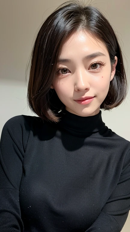 (((Close-up of face)))、(((Absolutely shoulder-length brown straight short bob)))、(((She is posing like a hair salon model, with a black wall indoors as the background.)))、(((Casual black winter long sleeves with shoulders covered)))、Half Japanese, half Korean、18 year old girl、Standing Alone、Looking forward、Light eye makeup、Brown Hair Color、Flat and 、Hair blowing in the wind、Actress Quality、Glossy, ultra-realistic face、Smiling face、Watery eyes、Gazing Up、Subtle lighting effects、 Ultra-Realistic Capture、Very detailed、High resolution 16K close up of human skin。Skin texture must be natural、The details must be such that pores can be clearly seen、The skin is healthy、Uniform tone、Use natural light and colors、A worn-out, high-quality photo taken by a model agency's in-house photographer.、smile、(((SIGMA 300 mm F/1.4,1/1000 sec shutter,ISO 400)))