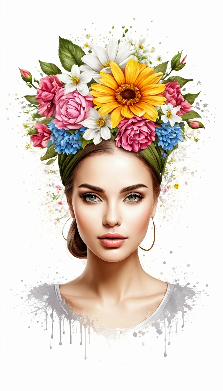 Woman with flowers on her head, vetor, cores vivas realistas, fundo branco, imagem detalhada, vetor feito para estampa de camiseta, 2D, Realistic image
