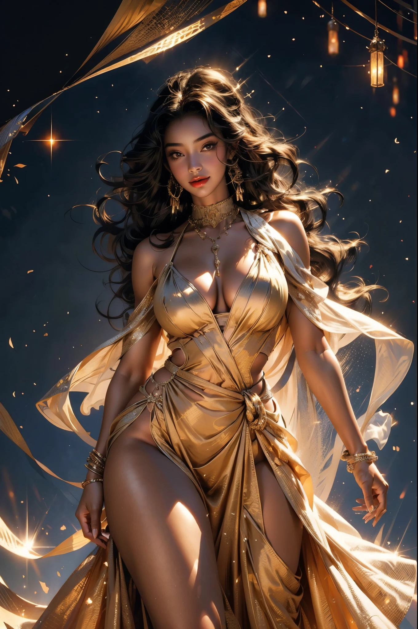 Estilo Foto Realista – Realistic Photo Style
25-year-old Ebony Girl – A beautiful 25-year-old woman with ebony skin
Big – Full-figured and curvaceous body
Tan Lines – Distinct sun-kissed marks on her body
Long Black Hair with Lots of Curls – Luscious, voluminous curls cascading down her back
Transparent Golden Dress – A fitting, see-through golden dress that enhances her figure
Hands on Waist – Confidently posing with her hands resting on her waist
In the Middle of a Dance Floor – Radiant and lively, surrounded by the excitement